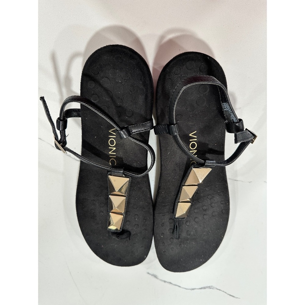 Vionic Womens Black Gold Studded Thong Sandals Flat Comfort Size 11